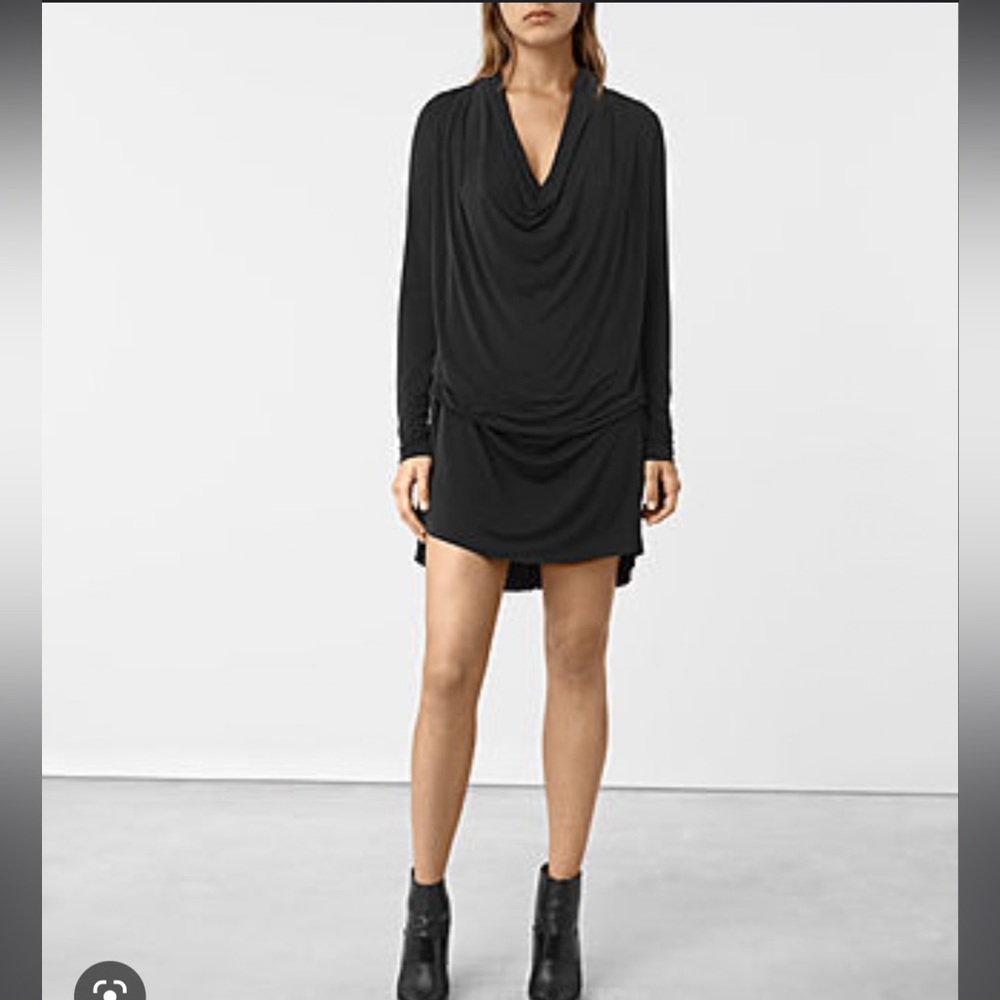 Allsaints Amei Long Sleeve Draped Cowl Neck Black Dress